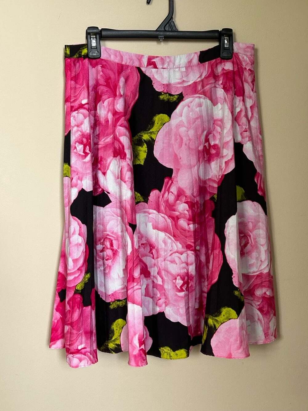 Karl Lagerfeld Paris Black Pink Floral Pleated Midi Skirt Size 10